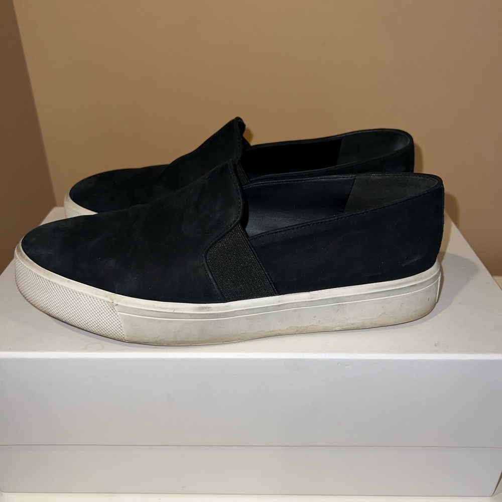 Vince black suede slip on sneakers